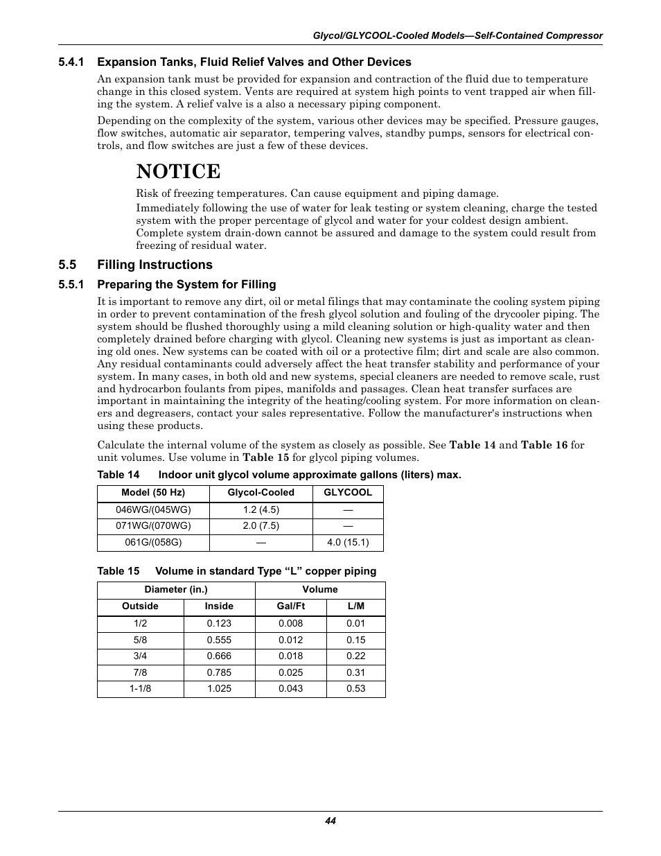 5 filling instructions, 1 preparing the system for filling, Table 15 volume in standard type “l” copper piping | Filling instructions, Preparing the system for filling, Table 14, Table 15, Volume in standard type “l” copper piping, Notice | Emerson 3000 User Manual | Page 50 / 88