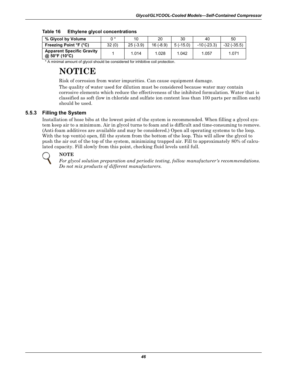 Table 16 ethylene glycol concentrations, 3 filling the system, Filling the system | Table 16, Ethylene glycol concentrations, Notice | Emerson 3000 User Manual | Page 52 / 88