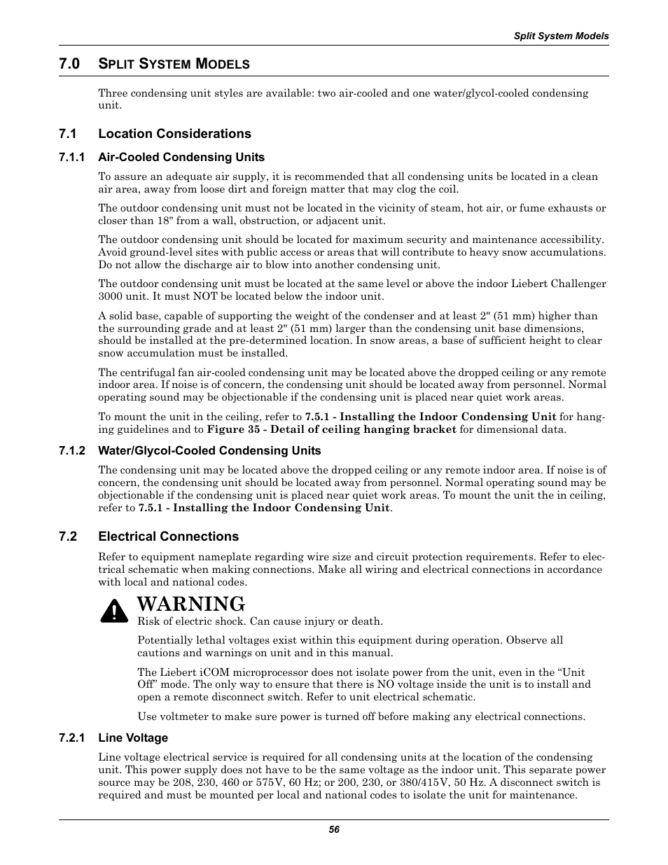 0 split system models, 1 location considerations, 1 air-cooled condensing units | 2 water/glycol-cooled condensing units, 2 electrical connections, 1 line voltage, Plit, Ystem, Odels, Location considerations | Emerson 3000 User Manual | Page 62 / 88