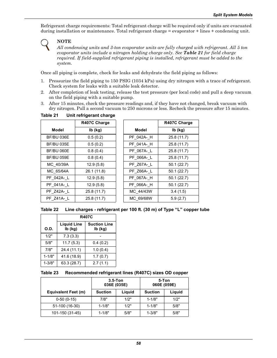 Table 21 unit refrigerant charge, Table 21, Unit refrigerant charge | Table 22, Table 23 | Emerson 3000 User Manual | Page 64 / 88