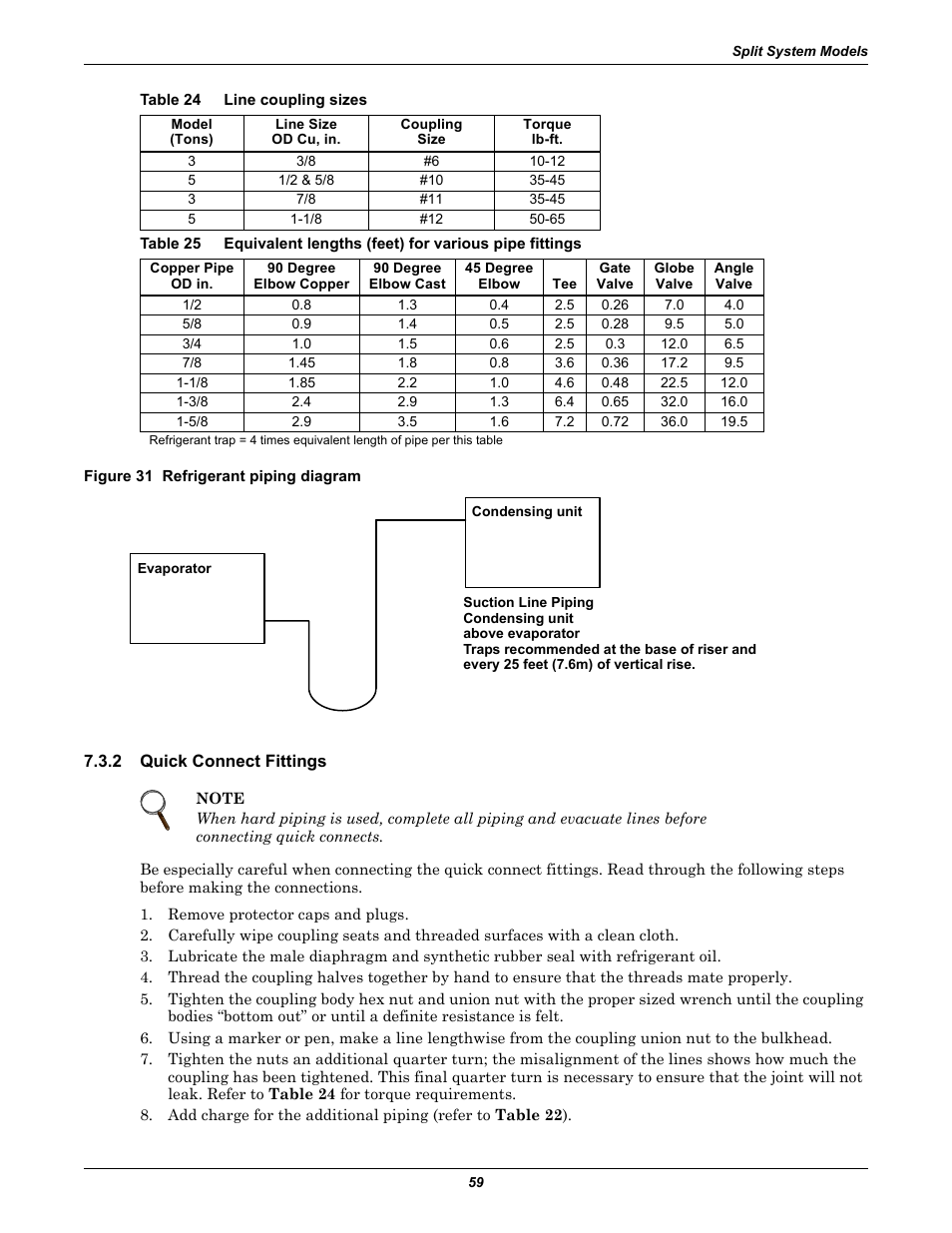 Table 24 line coupling sizes, Figure 31 refrigerant piping diagram, 2 quick connect fittings | Quick connect fittings, Table 24, Line coupling sizes, Table 25 | Emerson 3000 User Manual | Page 65 / 88