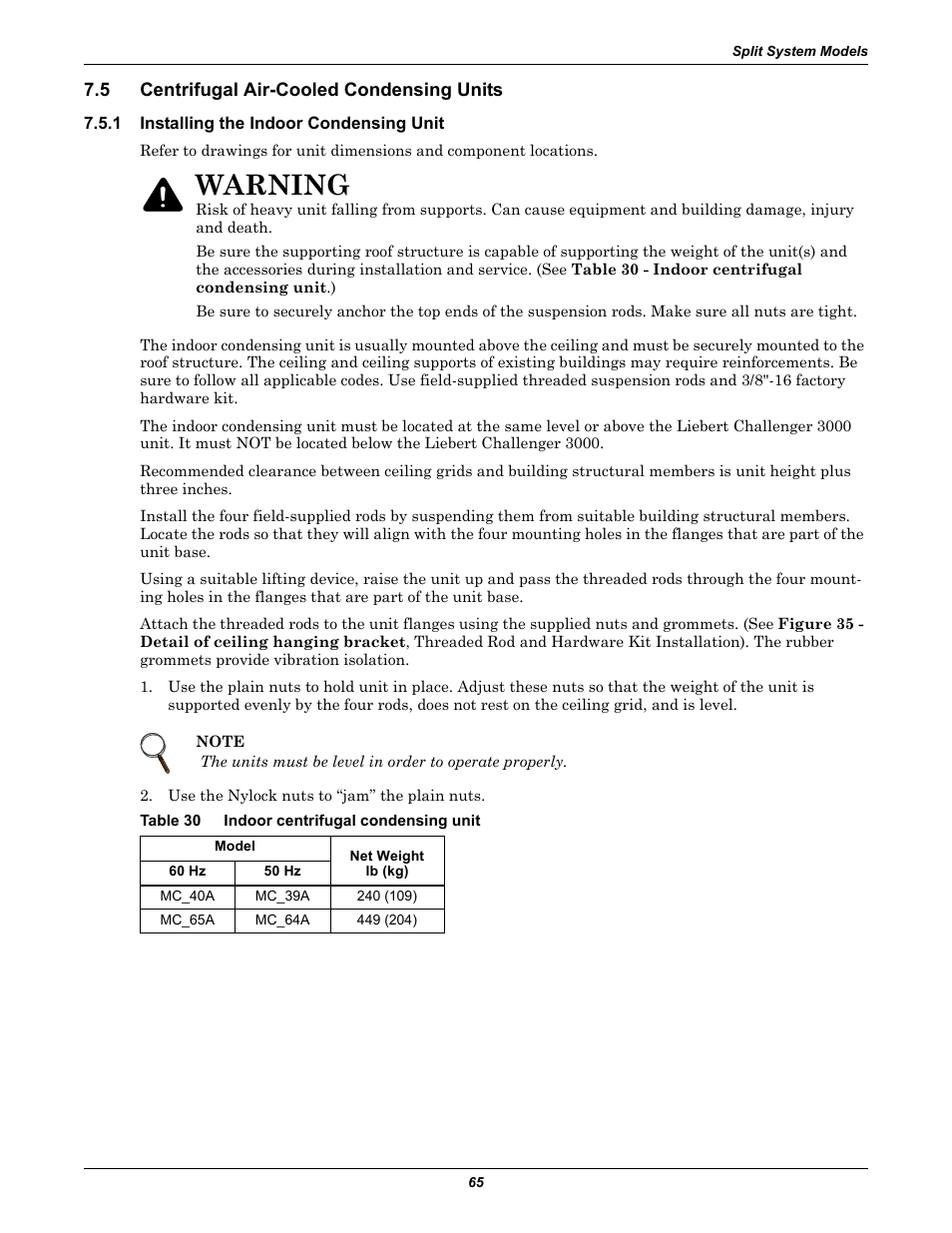 5 centrifugal air-cooled condensing units, 1 installing the indoor condensing unit, Table 30 indoor centrifugal condensing unit | Centrifugal air-cooled condensing units, Installing the indoor condensing unit, Table 30, Indoor centrifugal condensing unit, Warning | Emerson 3000 User Manual | Page 71 / 88