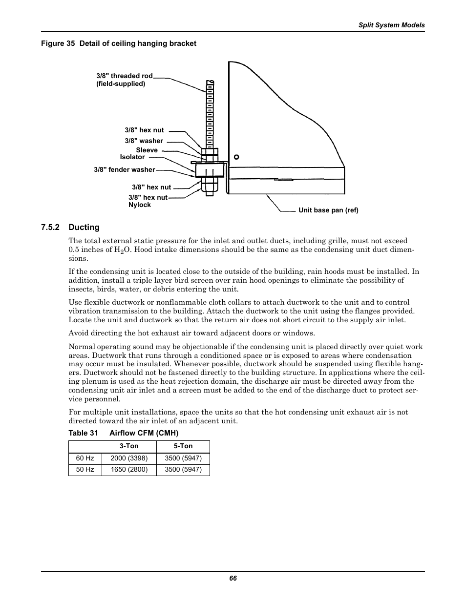Figure 35 detail of ceiling hanging bracket, 2 ducting, Table 31 airflow cfm (cmh) | Ducting, Table 31, Airflow cfm (cmh), Ee figure 35, Detail of ceiling hanging bracket , t | Emerson 3000 User Manual | Page 72 / 88