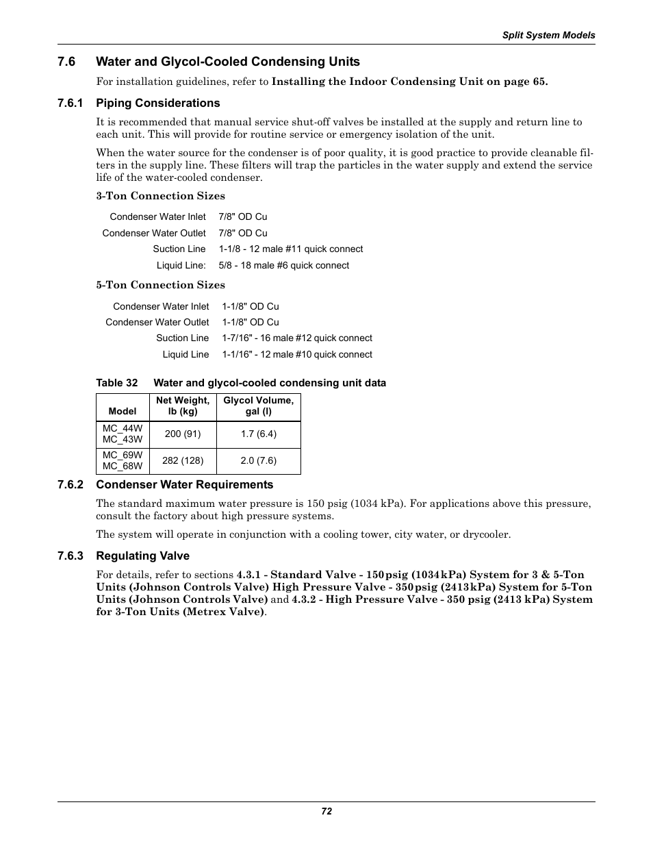 6 water and glycol-cooled condensing units, 1 piping considerations, 2 condenser water requirements | 3 regulating valve, Water and glycol-cooled condensing units, Piping considerations, Condenser water requirements, Regulating valve, Table 32, Water and glycol-cooled condensing unit data | Emerson 3000 User Manual | Page 78 / 88