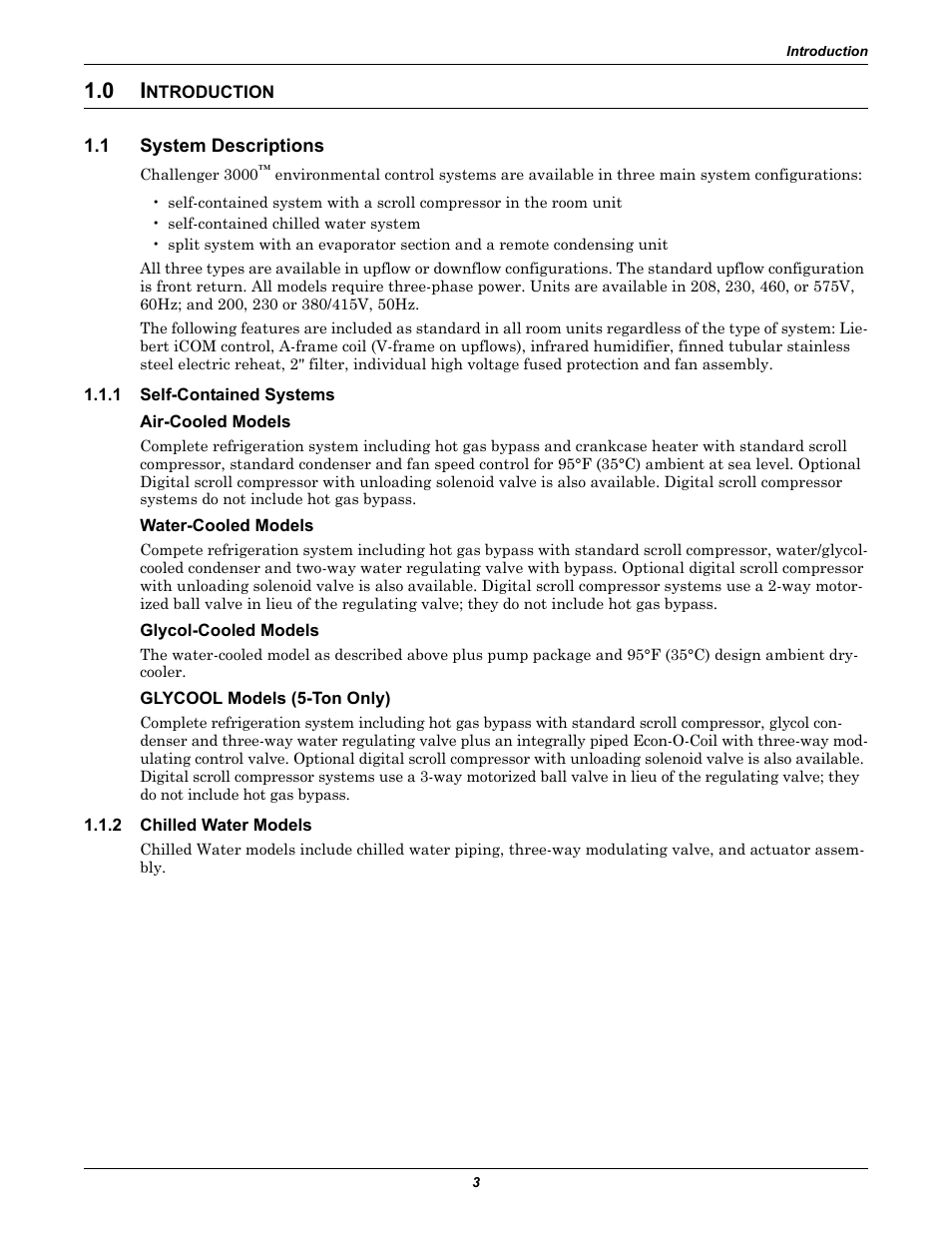 0 introduction, 1 system descriptions, 1 self-contained systems | Air-cooled models, Water-cooled models, Glycol-cooled models, Glycool models (5-ton only), 2 chilled water models, Ntroduction, System descriptions | Emerson 3000 User Manual | Page 9 / 88