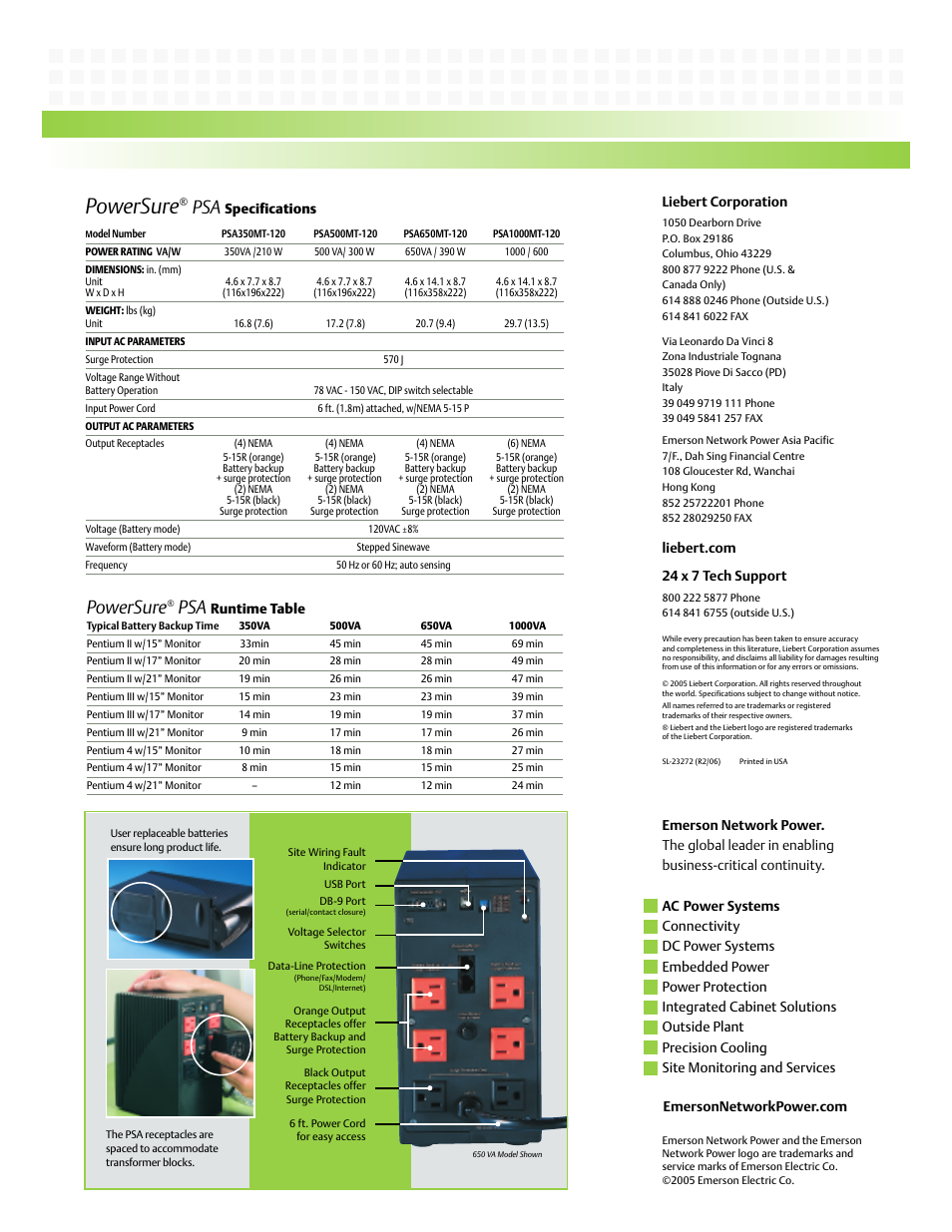 Powersure, Liebert corporation, Specifications | Runtime table | Emerson PowerSure PSA350MT-120 User Manual | Page 2 / 2