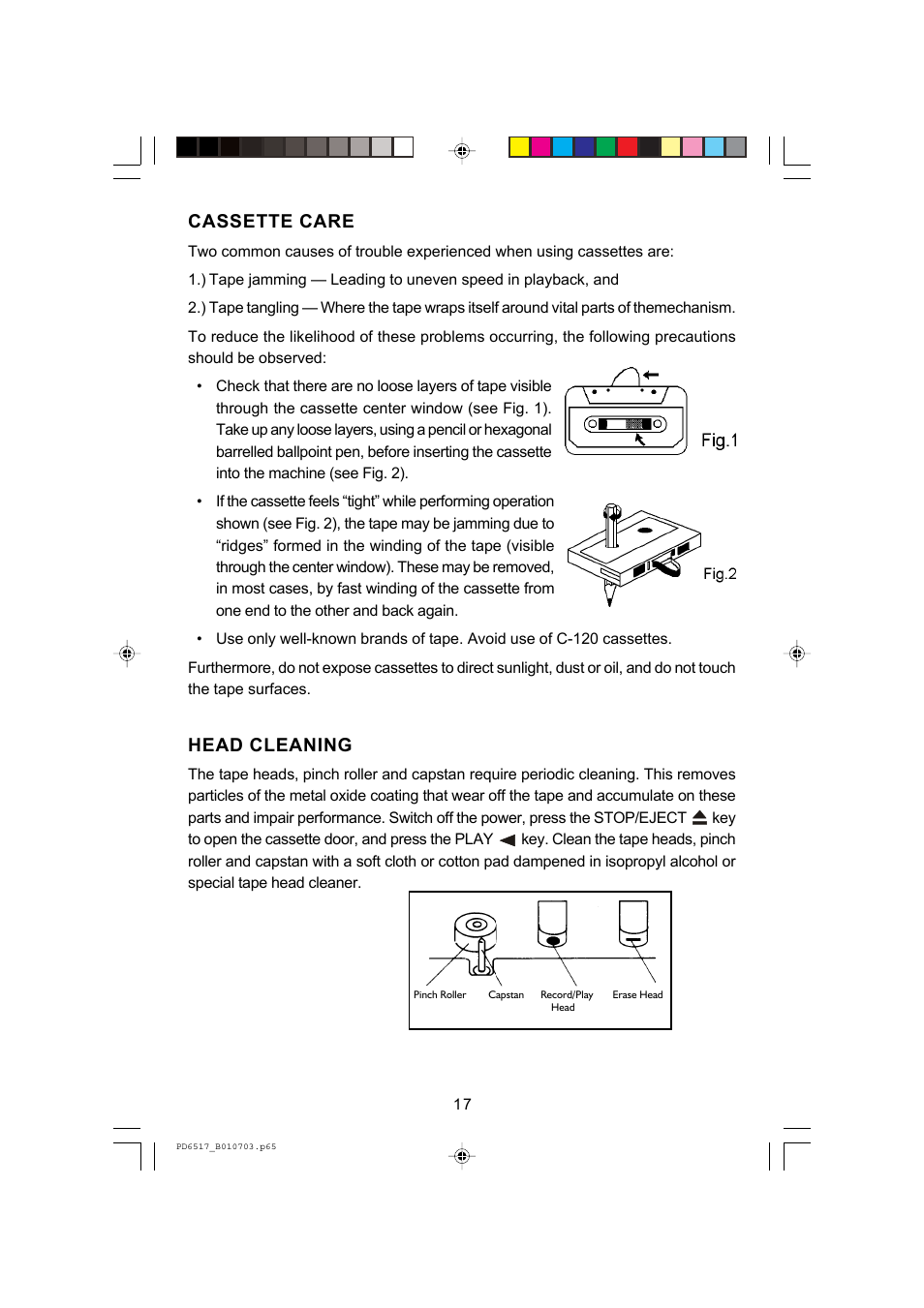 Cassette care, Head cleaning | Emerson Radio PD6517 User Manual | Page 18 / 22