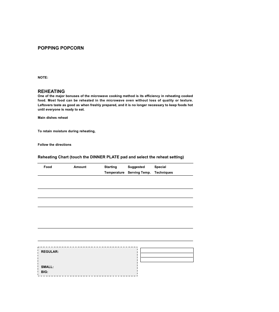 Popping popcorn, Reheating | Emerson MW8108BSC User Manual | Page 23 / 39