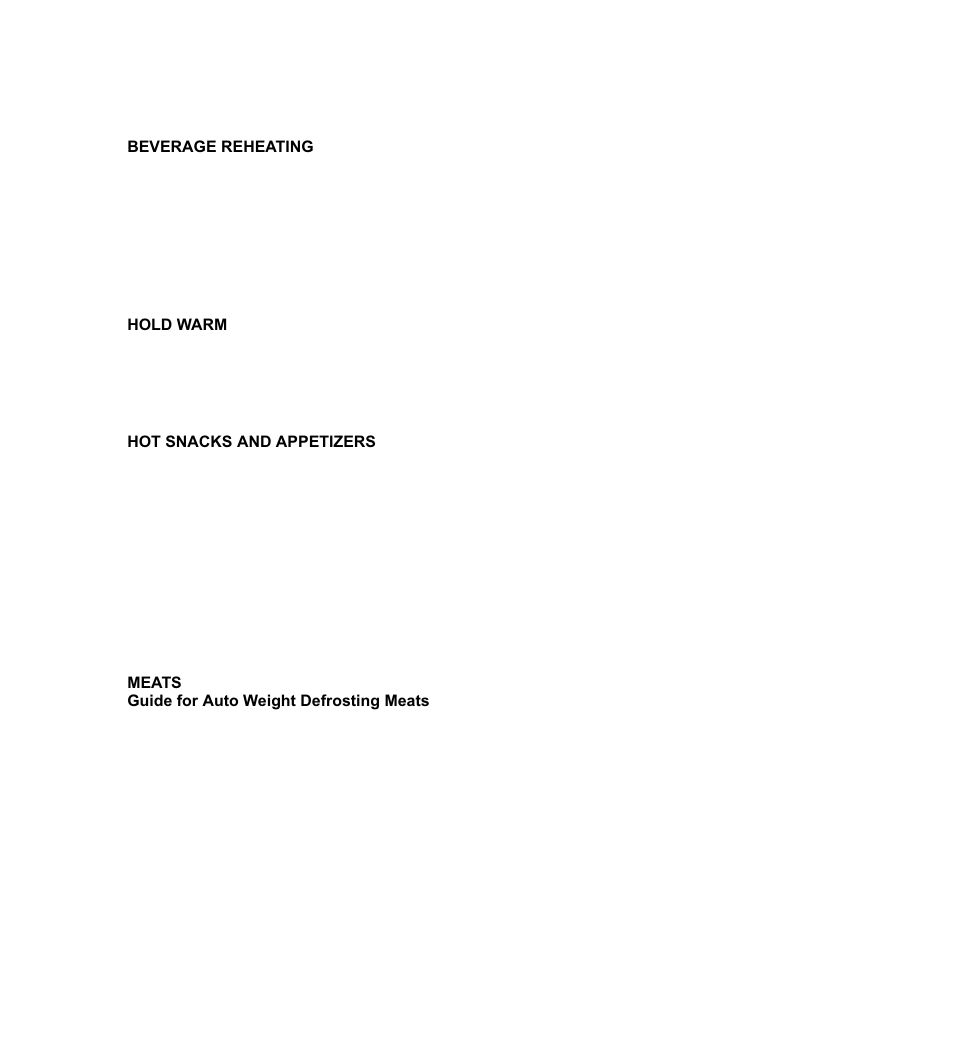 Beverage reheating, Hold warm, Hot snacks and appetizers | Meats guide for auto weight defrosting meats | Emerson MW8108BSC User Manual | Page 24 / 39