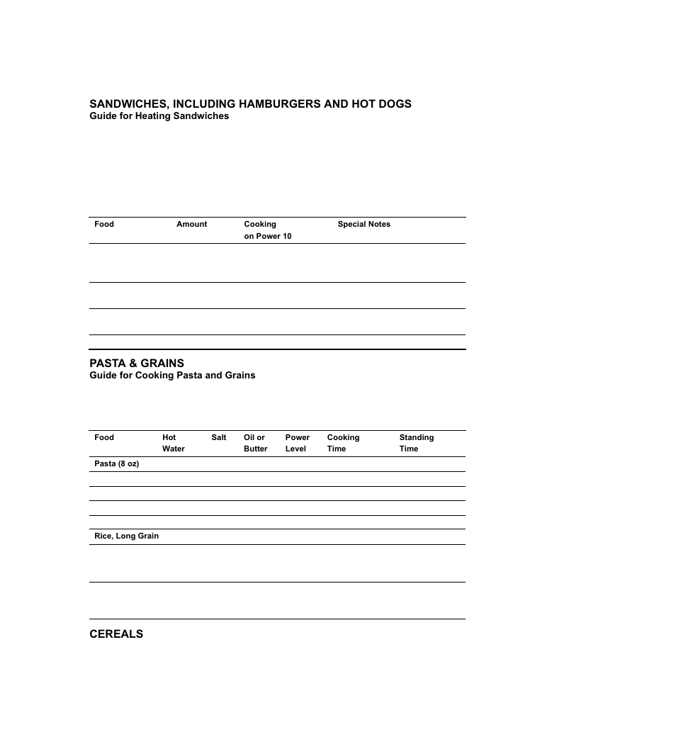 Sandwiches, including hamburgers and hot dogs, Pasta & grains, Cereals | Emerson MW8108BSC User Manual | Page 31 / 39