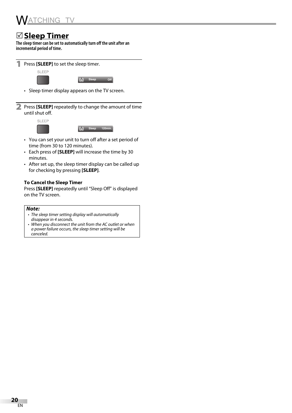 Atching tv, Sleep timer | Emerson LC320EM81 User Manual | Page 20 / 72