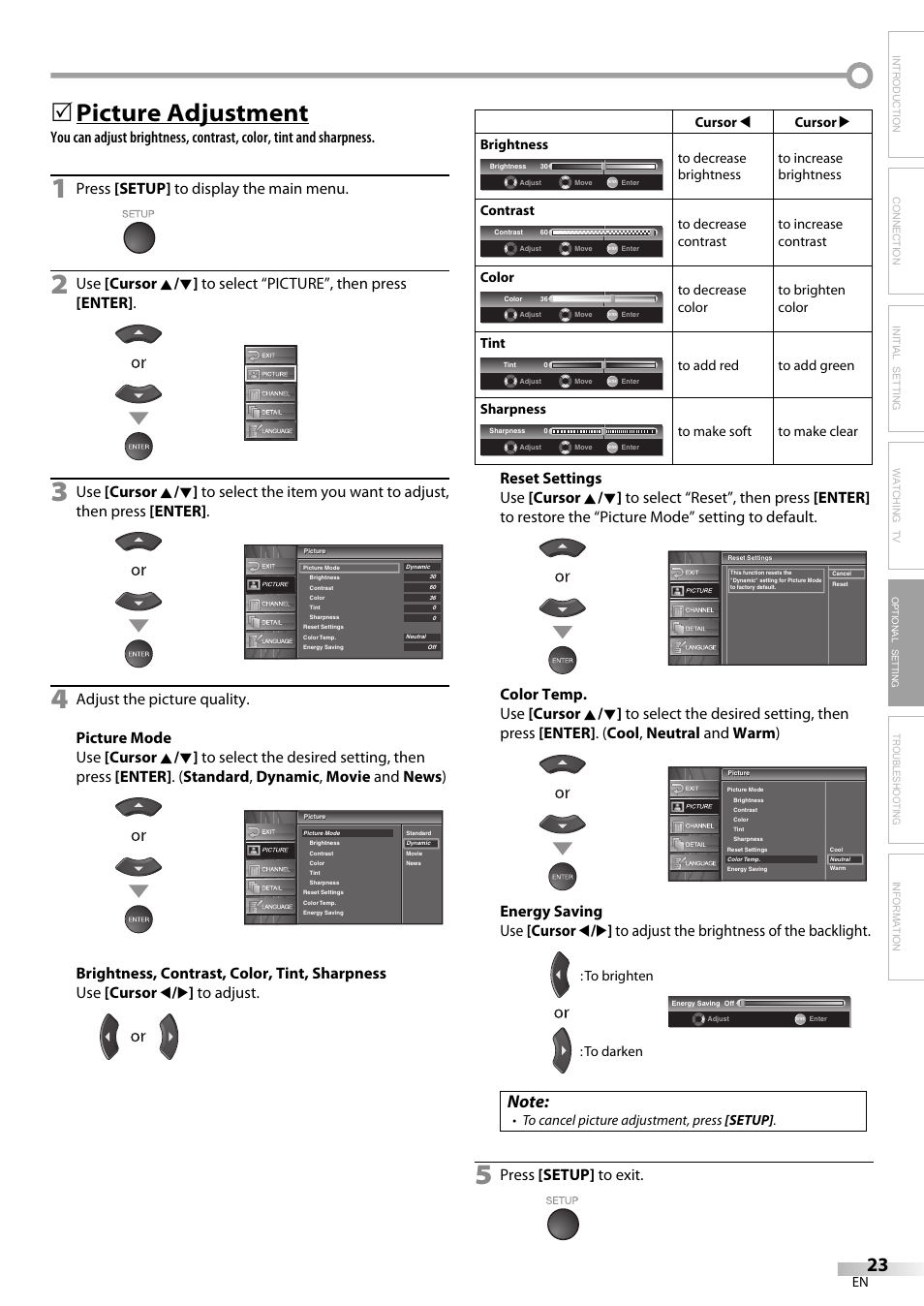Picture adjustment, Troubleshooting information, Press [setup] to display the main menu | Press [setup] to exit, Optional setting | Emerson LC320EM81 User Manual | Page 23 / 72