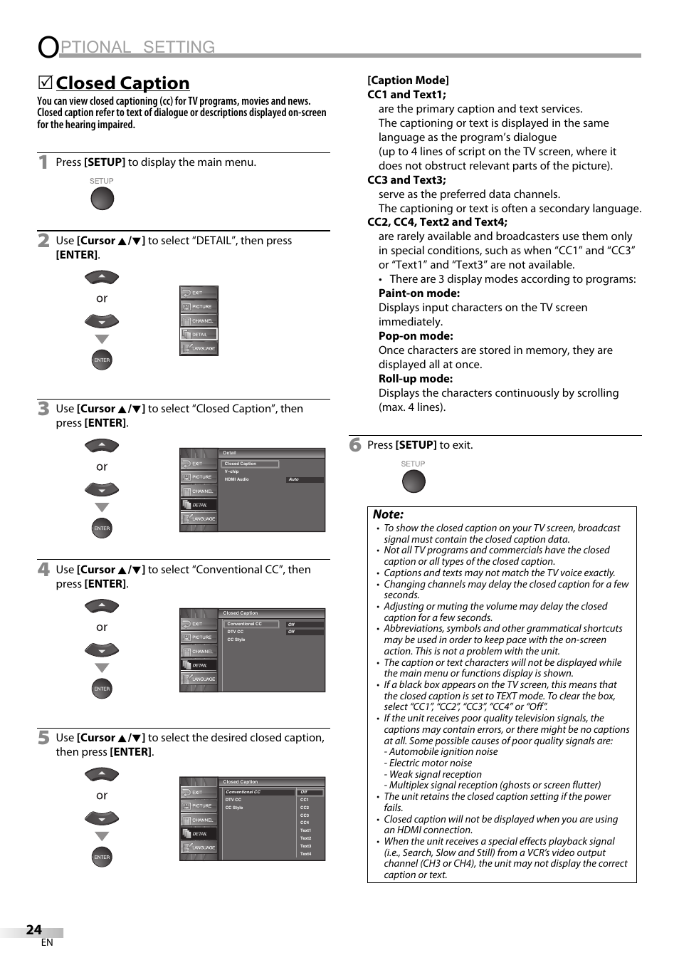 Ptional setting, Closed caption | Emerson LC320EM81 User Manual | Page 24 / 72
