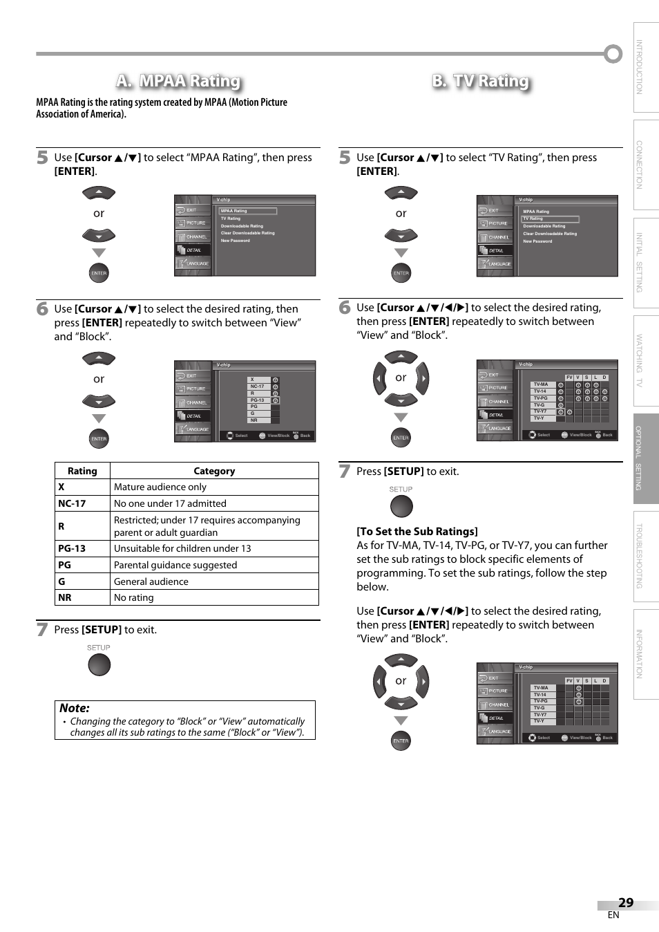 A. mpaa rating, B. tv rating, Troubleshooting information | Press [setup] to exit, Optional setting | Emerson LC320EM81 User Manual | Page 29 / 72