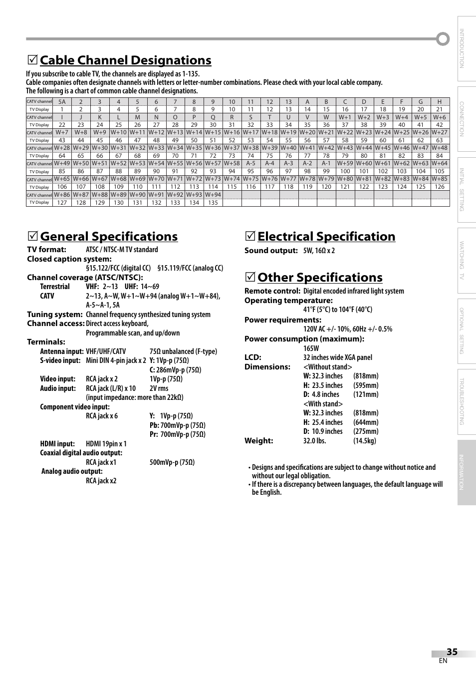 General specifications, 5electrical specification, Other specifications | Cable channel designations 5, Troubleshooting information | Emerson LC320EM81 User Manual | Page 35 / 72