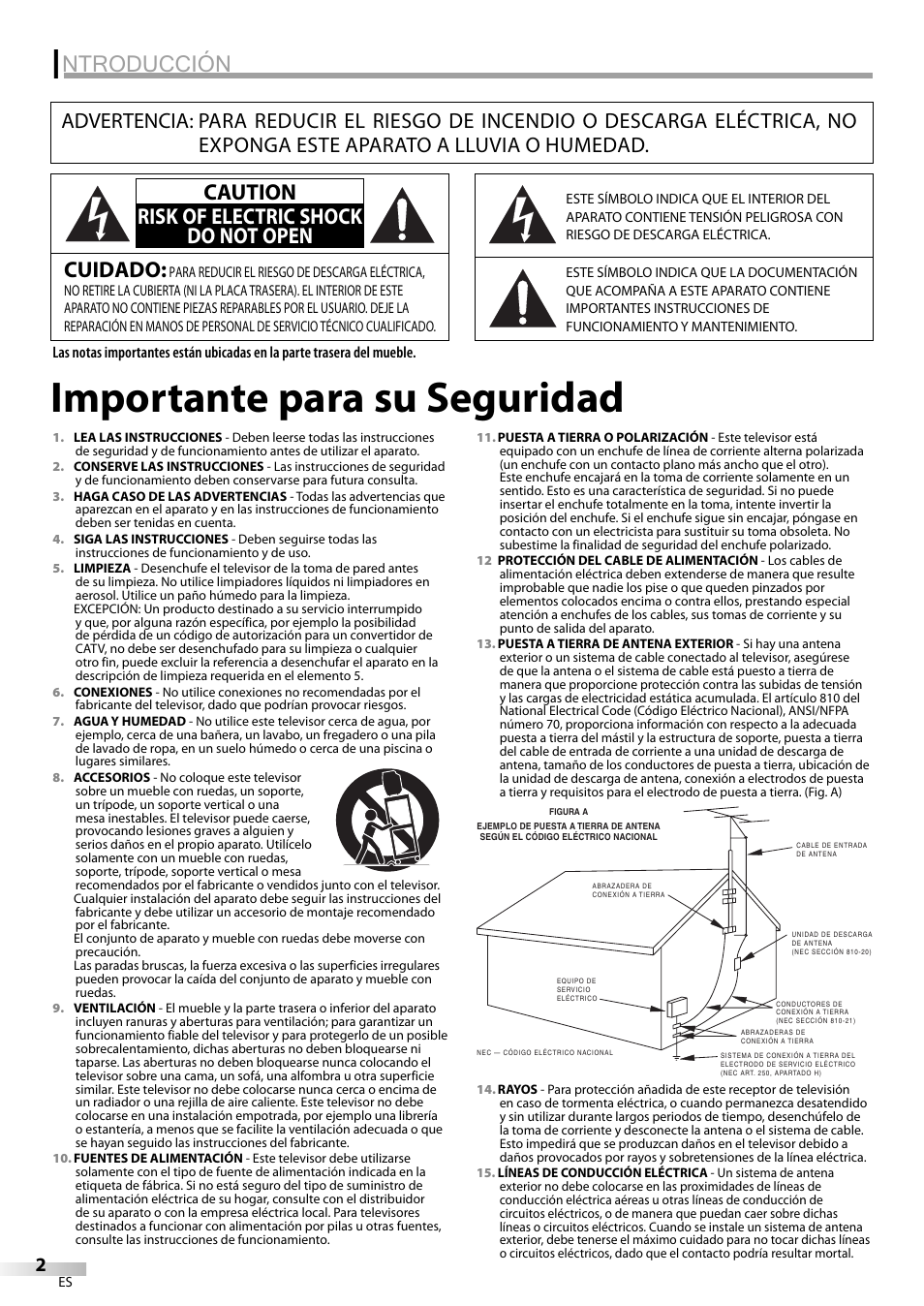 Importante para su seguridad, Ntroducción, Cuidado | Caution risk of electric shock do not open | Emerson LC320EM81 User Manual | Page 38 / 72