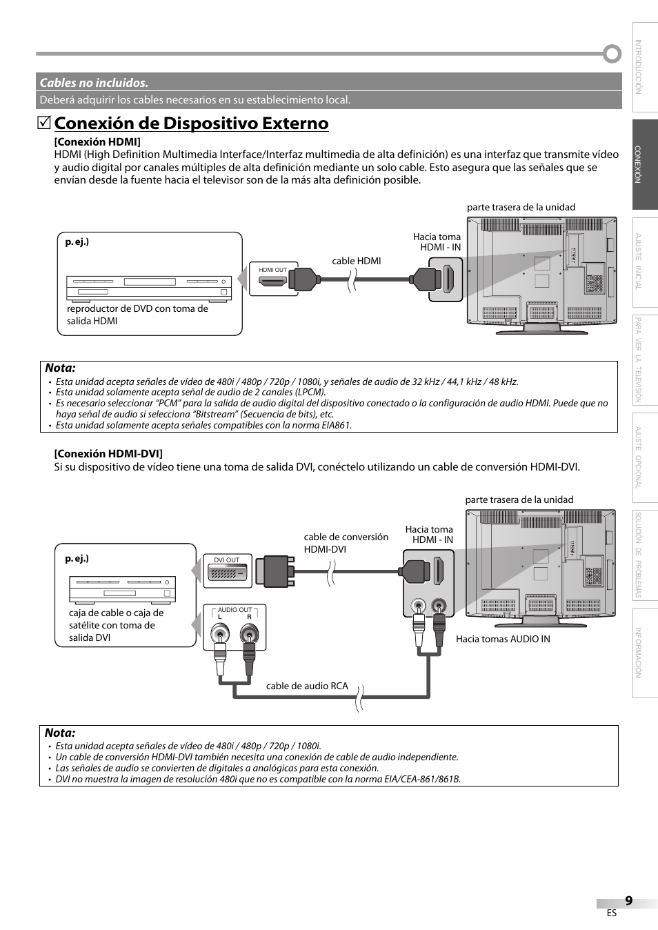 Conexión de dispositivo externo, Nota, Cables no incluidos | Emerson LC320EM81 User Manual | Page 45 / 72