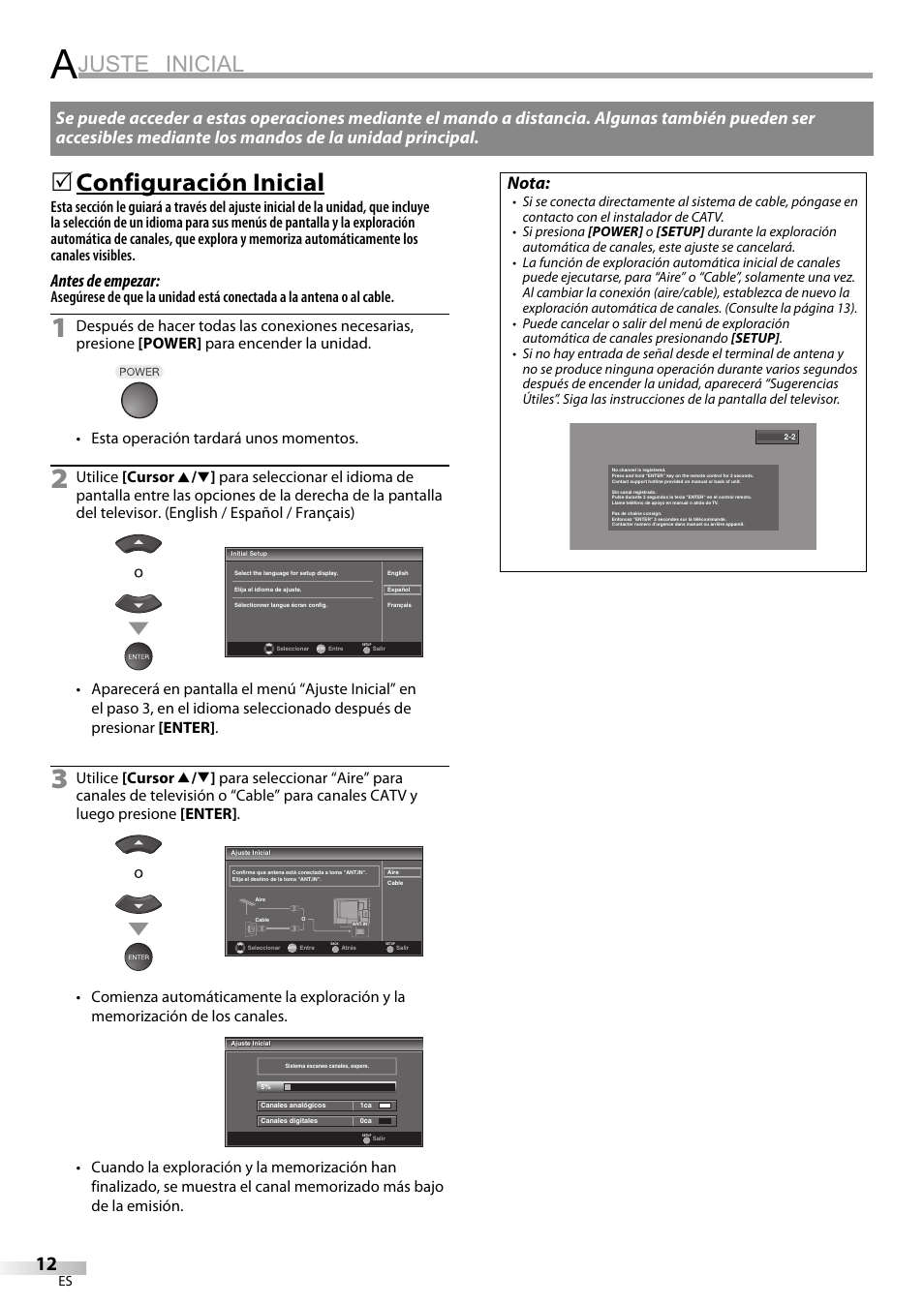 Juste inicial, Configuración inicial, Antes de empezar | Nota | Emerson LC320EM81 User Manual | Page 48 / 72