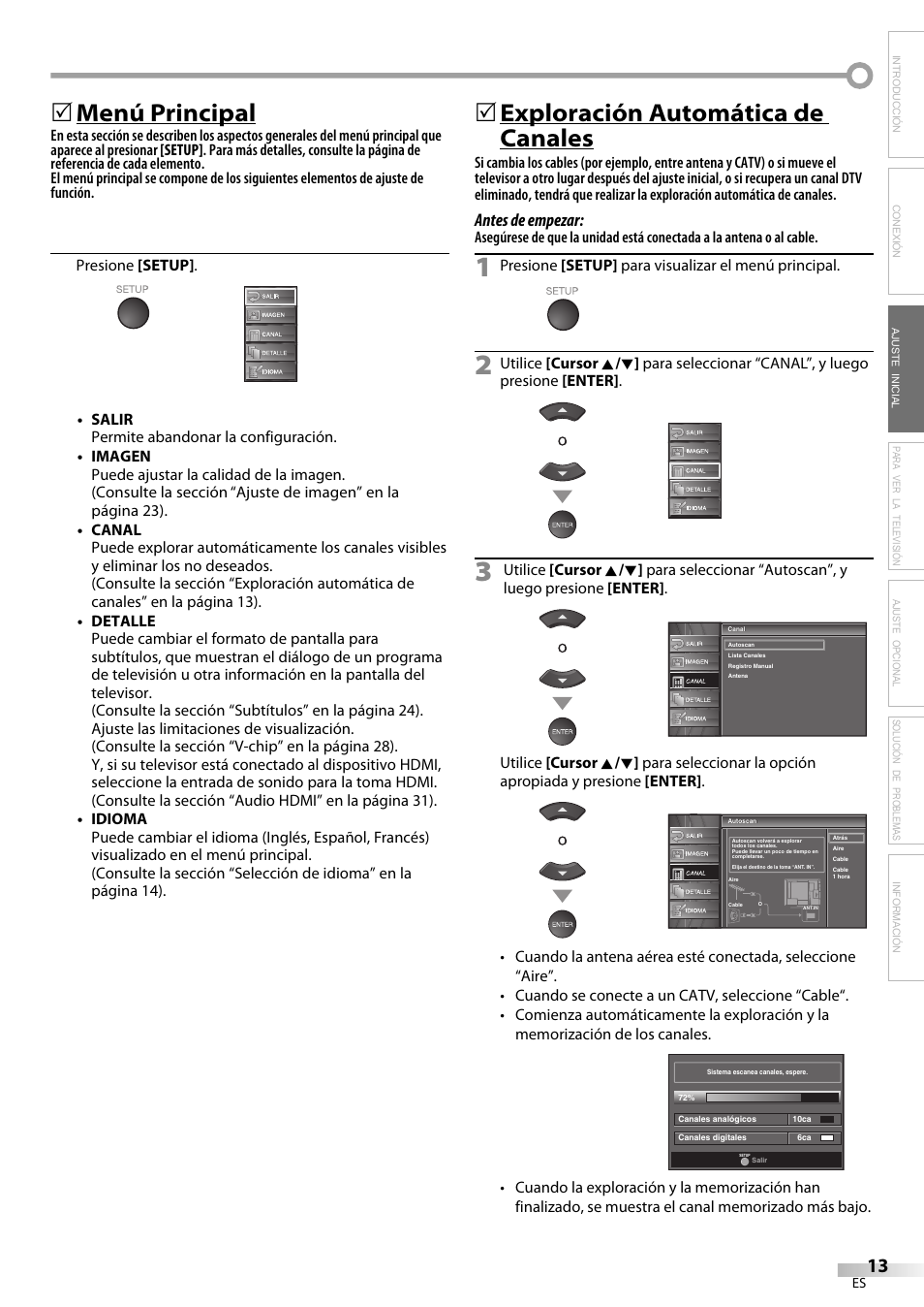 Menú principal, Exploración automática de canales, Antes de empezar | Emerson LC320EM81 User Manual | Page 49 / 72