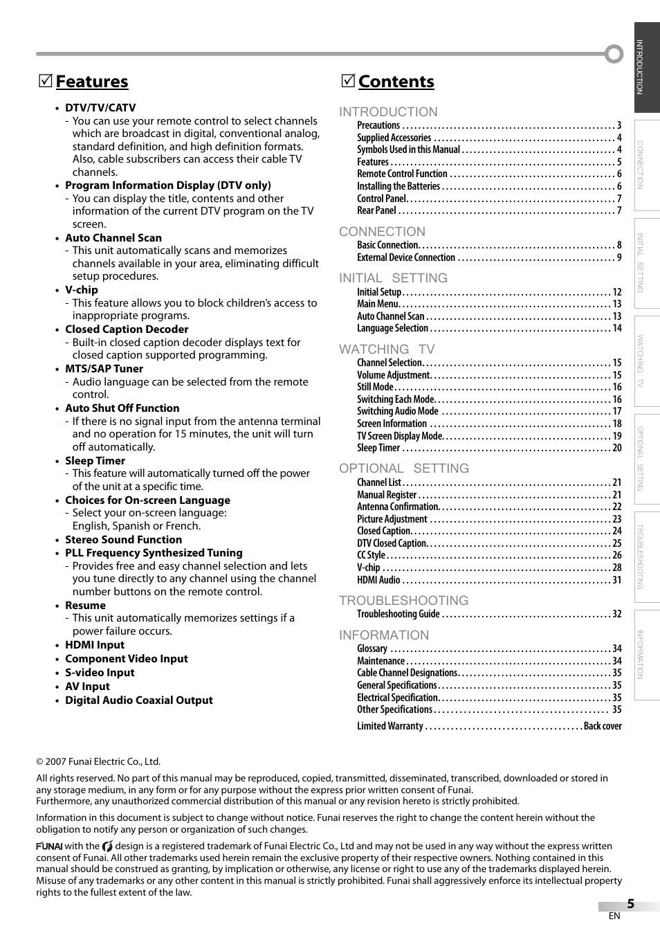 Introduction, Connection, Initial setting | Watching tv, Optional setting, Troubleshooting, Information, Contents 5, Features 5 | Emerson LC320EM81 User Manual | Page 5 / 72
