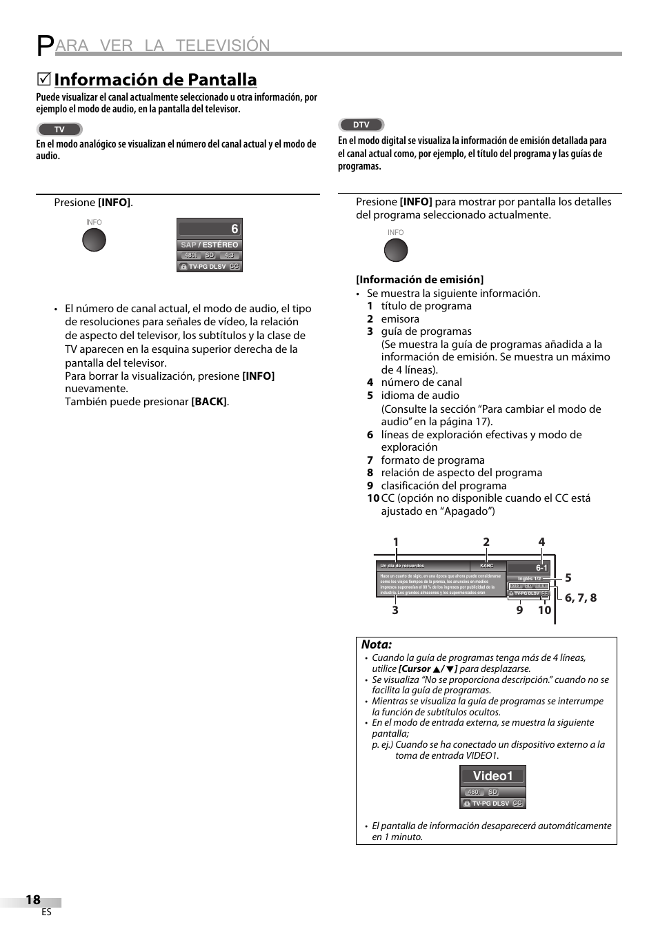 Ara ver la televisión, Información de pantalla, Nota | Video1 | Emerson LC320EM81 User Manual | Page 54 / 72