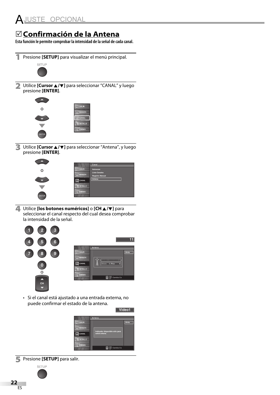 Juste opcional, Confirmación de la antena | Emerson LC320EM81 User Manual | Page 58 / 72