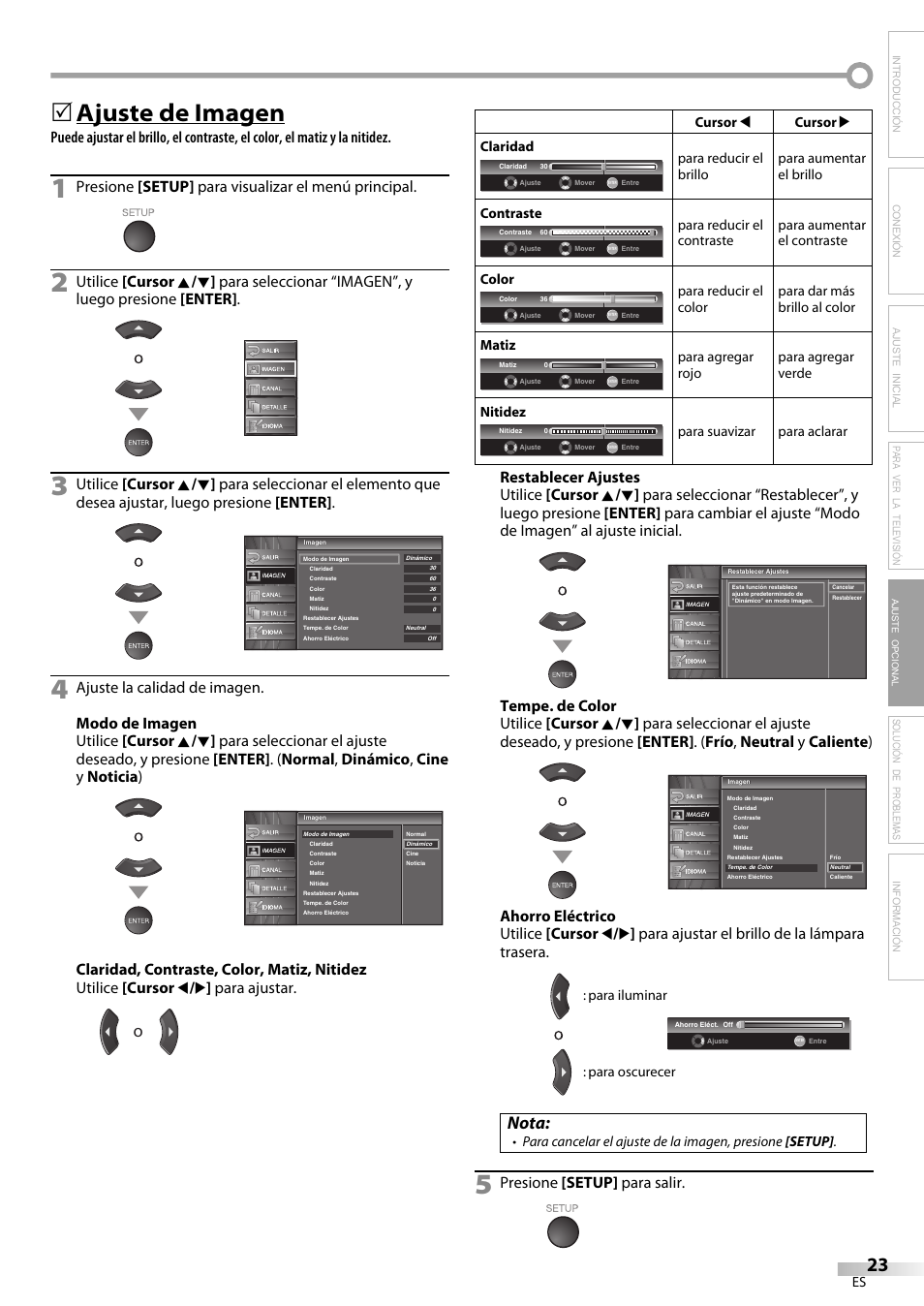 Ajuste de imagen, Nota, Solución de problemas información | Presione [setup] para visualizar el menú principal, Presione [setup] para salir, Ajuste opcional | Emerson LC320EM81 User Manual | Page 59 / 72