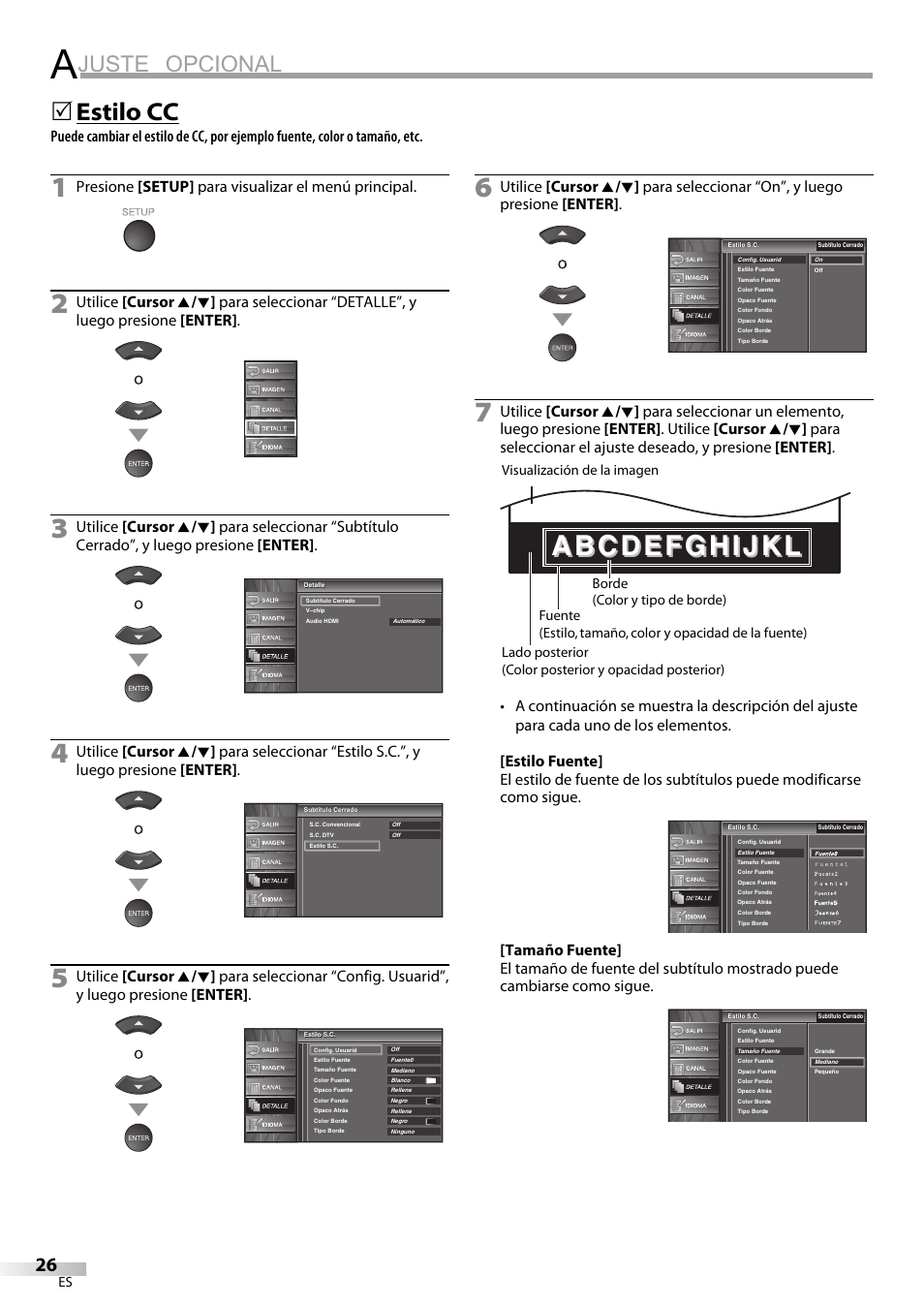 Juste opcional, Estilo cc, Presione [setup] para visualizar el menú principal | Emerson LC320EM81 User Manual | Page 62 / 72