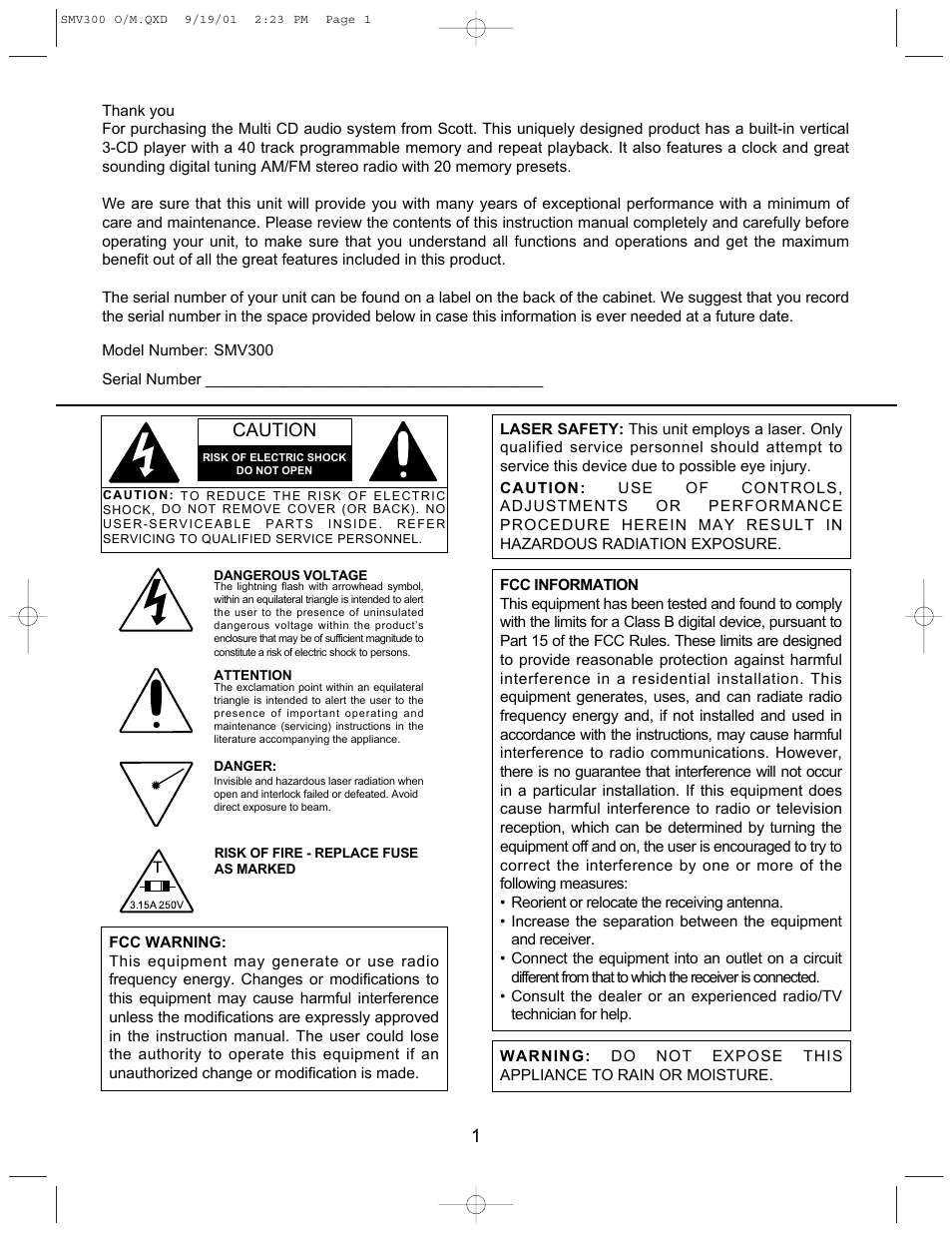 Caution | Emerson Radio SCOTT SMV300 User Manual | Page 2 / 21