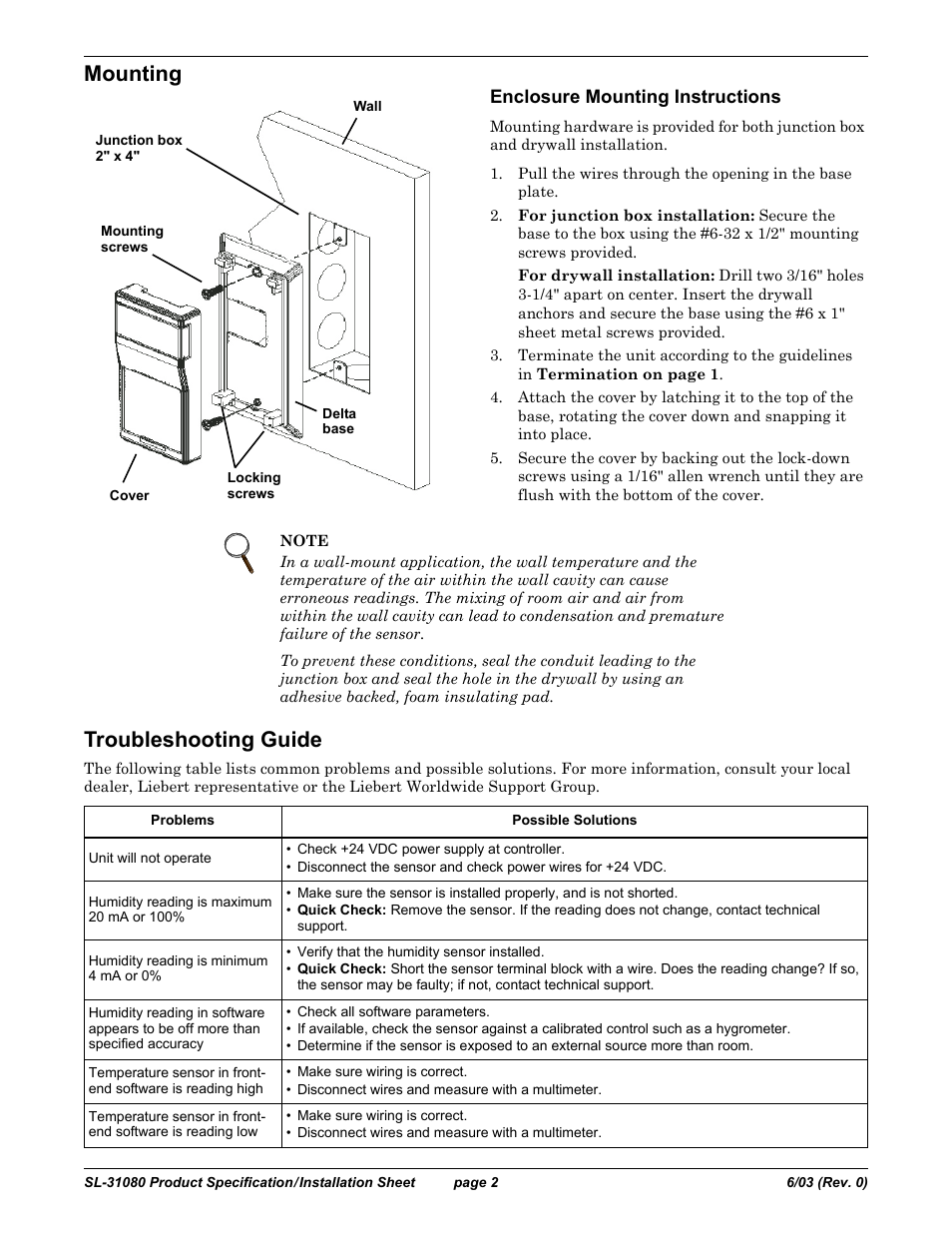 Mounting, Enclosure mounting instructions, Troubleshooting guide | Emerson SL-31080 User Manual | Page 2 / 3