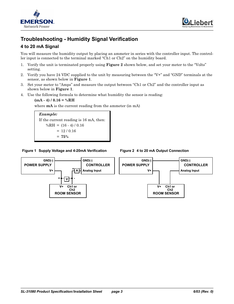 Troubleshooting - humidity signal verification, 4 to 20 ma signal | Emerson SL-31080 User Manual | Page 3 / 3