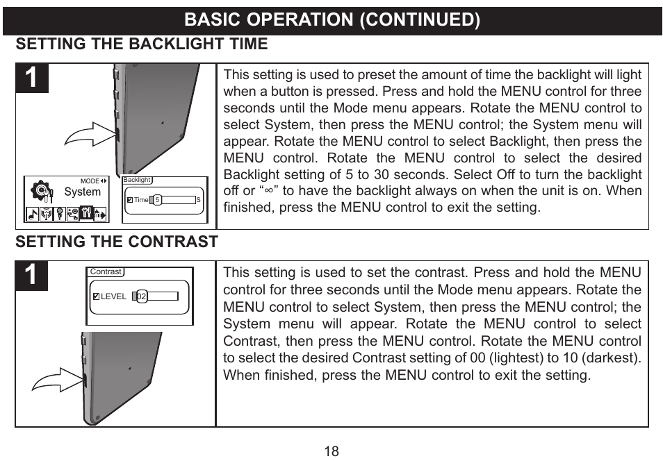 Basic operation (continued), Setting the backlight time, Setting the contrast | Emerson Radio MP530 User Manual | Page 19 / 36