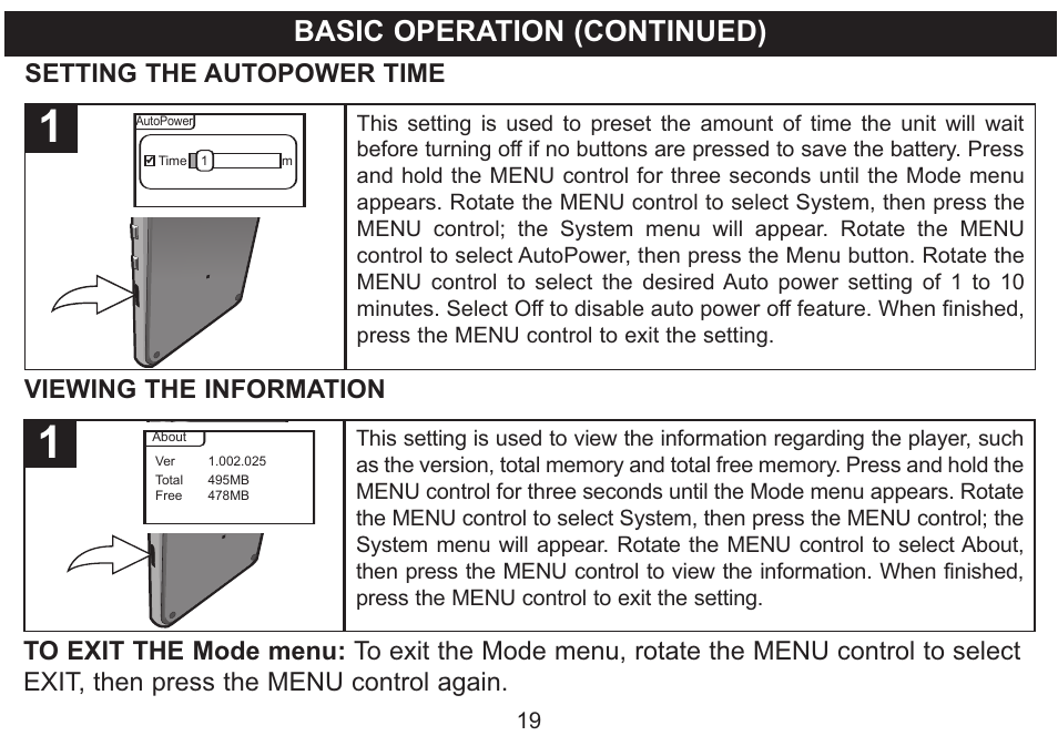 Basic operation (continued), Setting the autopower time, Viewing the information | Emerson Radio MP530 User Manual | Page 20 / 36