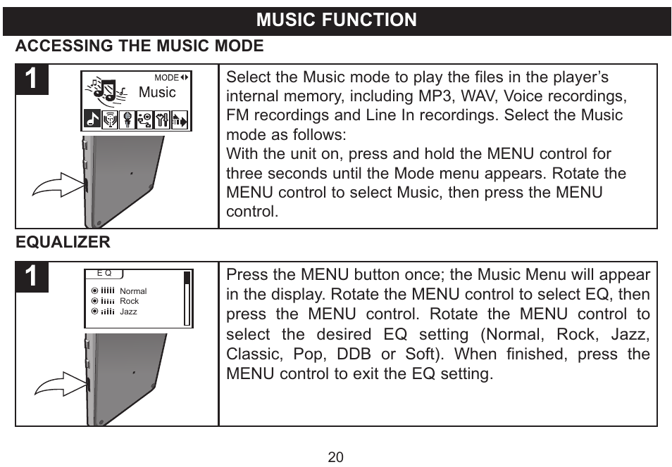 Music function, Accessing the music mode, Equalizer | Emerson Radio MP530 User Manual | Page 21 / 36