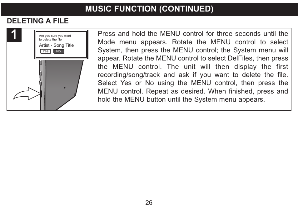 Music function (continued), Deleting a file | Emerson Radio MP530 User Manual | Page 27 / 36