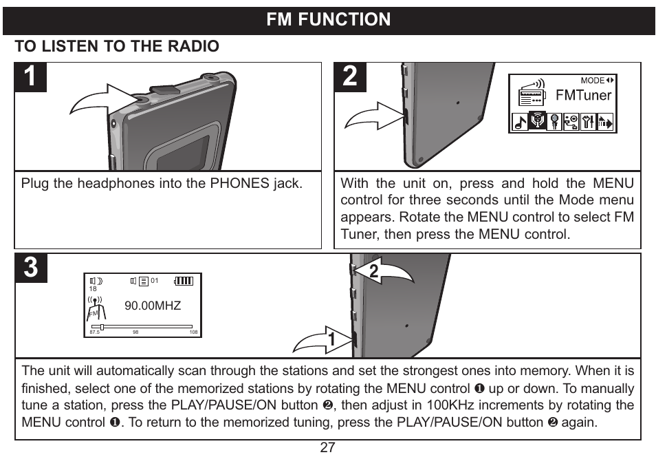 Fm function, Plug the headphones into the phones jack | Emerson Radio MP530 User Manual | Page 28 / 36