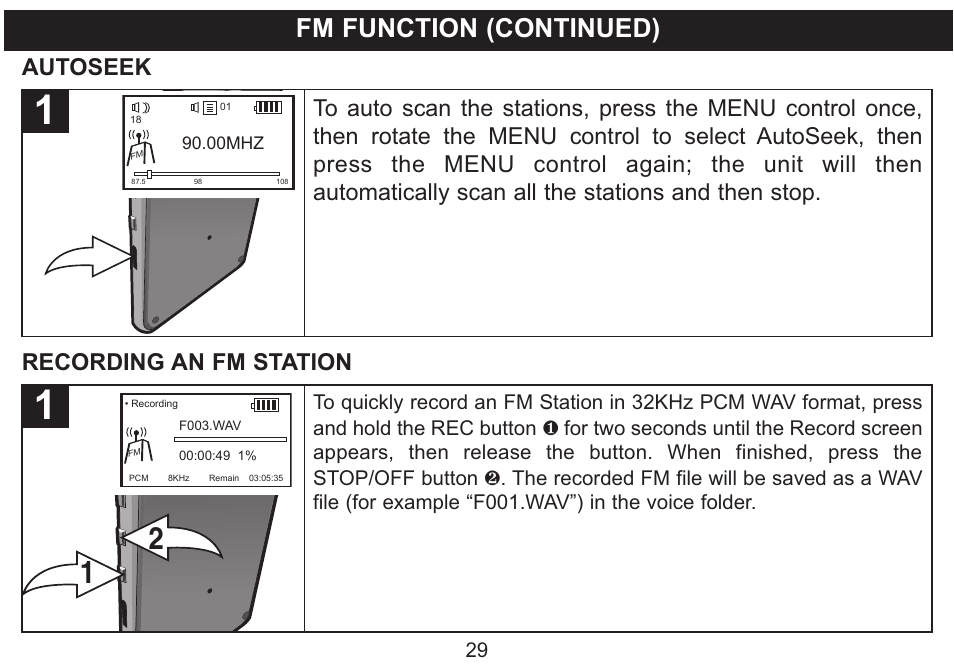 Fm function (continued), Recording an fm station | Emerson Radio MP530 User Manual | Page 30 / 36