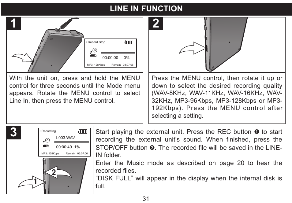 Line in function | Emerson Radio MP530 User Manual | Page 32 / 36