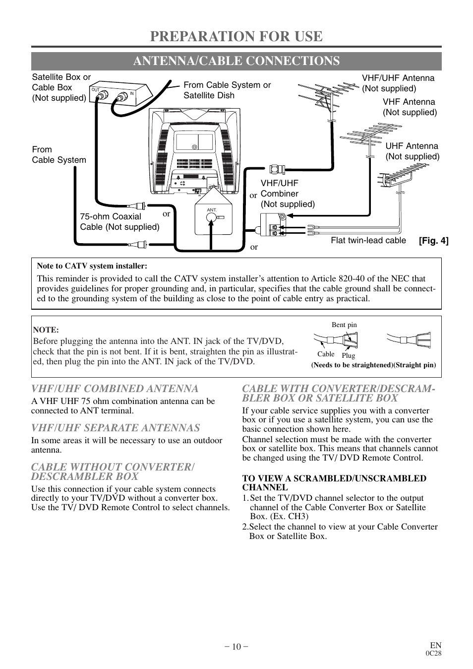 Preparation for use, Antenna/cable connections, Vhf/uhf combined antenna | Vhf/uhf separate antennas, Cable without converter/ descrambler box | Emerson EWC20D4 User Manual | Page 10 / 40