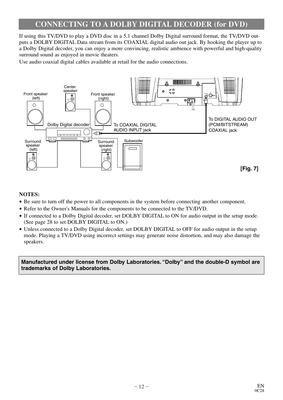 Connecting to a dolby digital decoder (for dvd) | Emerson EWC20D4 User Manual | Page 12 / 40