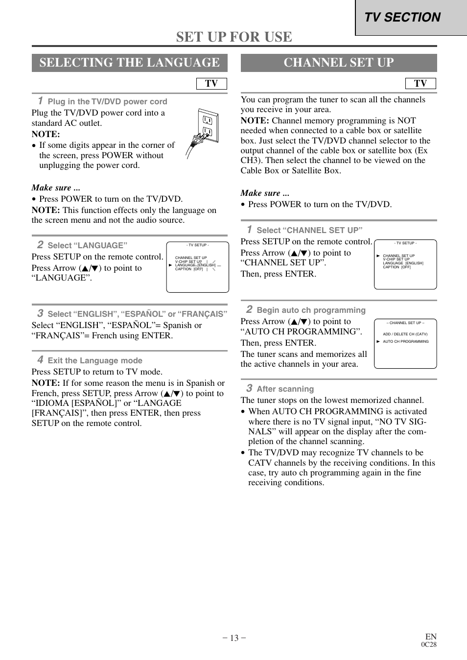 Set up for use, Selecting the language, Channel set up | Emerson EWC20D4 User Manual | Page 13 / 40