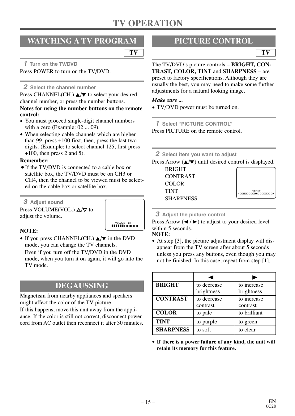 Tv operation, Degaussing, Watching a tv program | Picture control | Emerson EWC20D4 User Manual | Page 15 / 40
