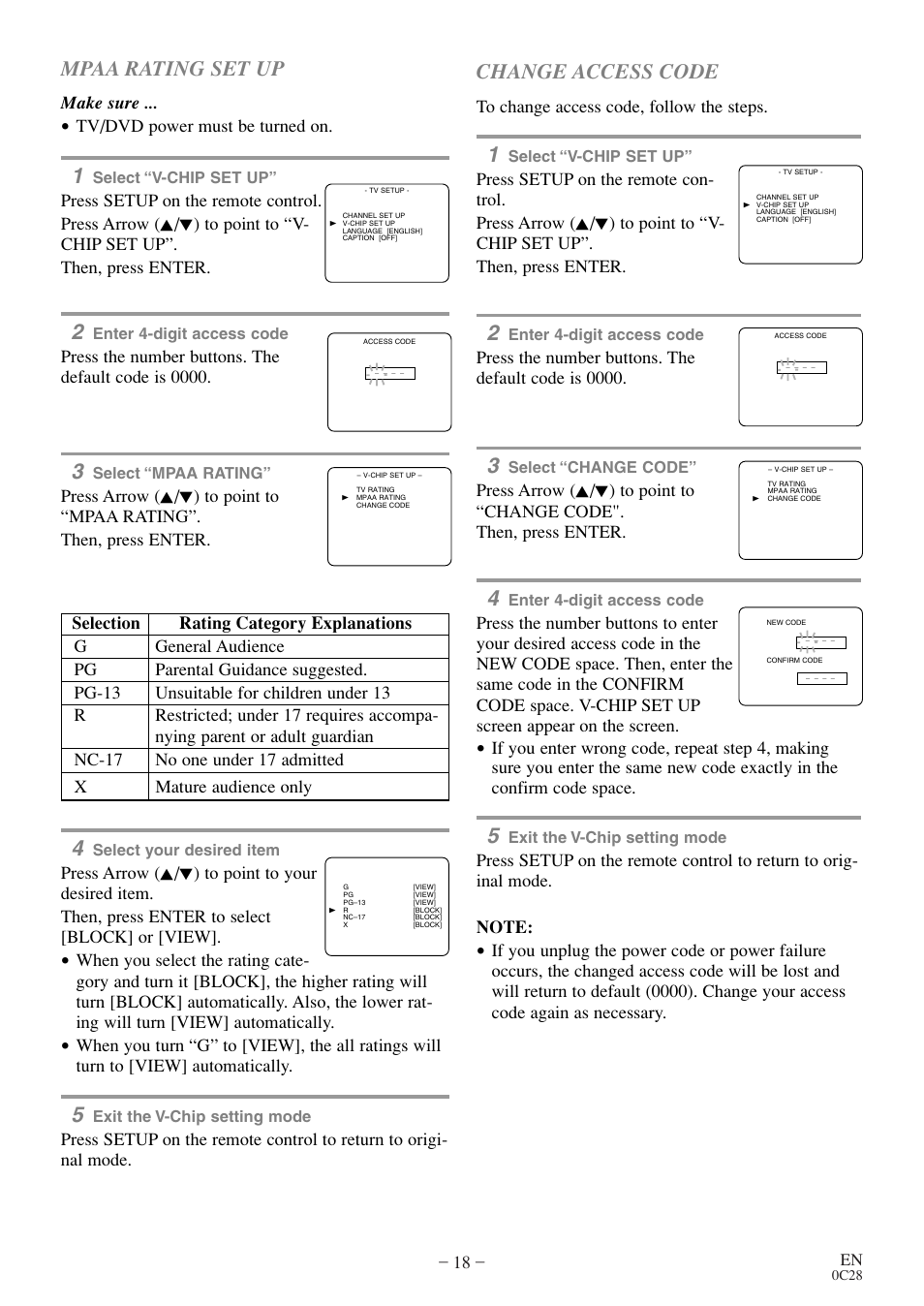 Mpaa rating set up, Change access code, Make sure | Tv/dvd power must be turned on, Press the number buttons. the default code is 0000 | Emerson EWC20D4 User Manual | Page 18 / 40