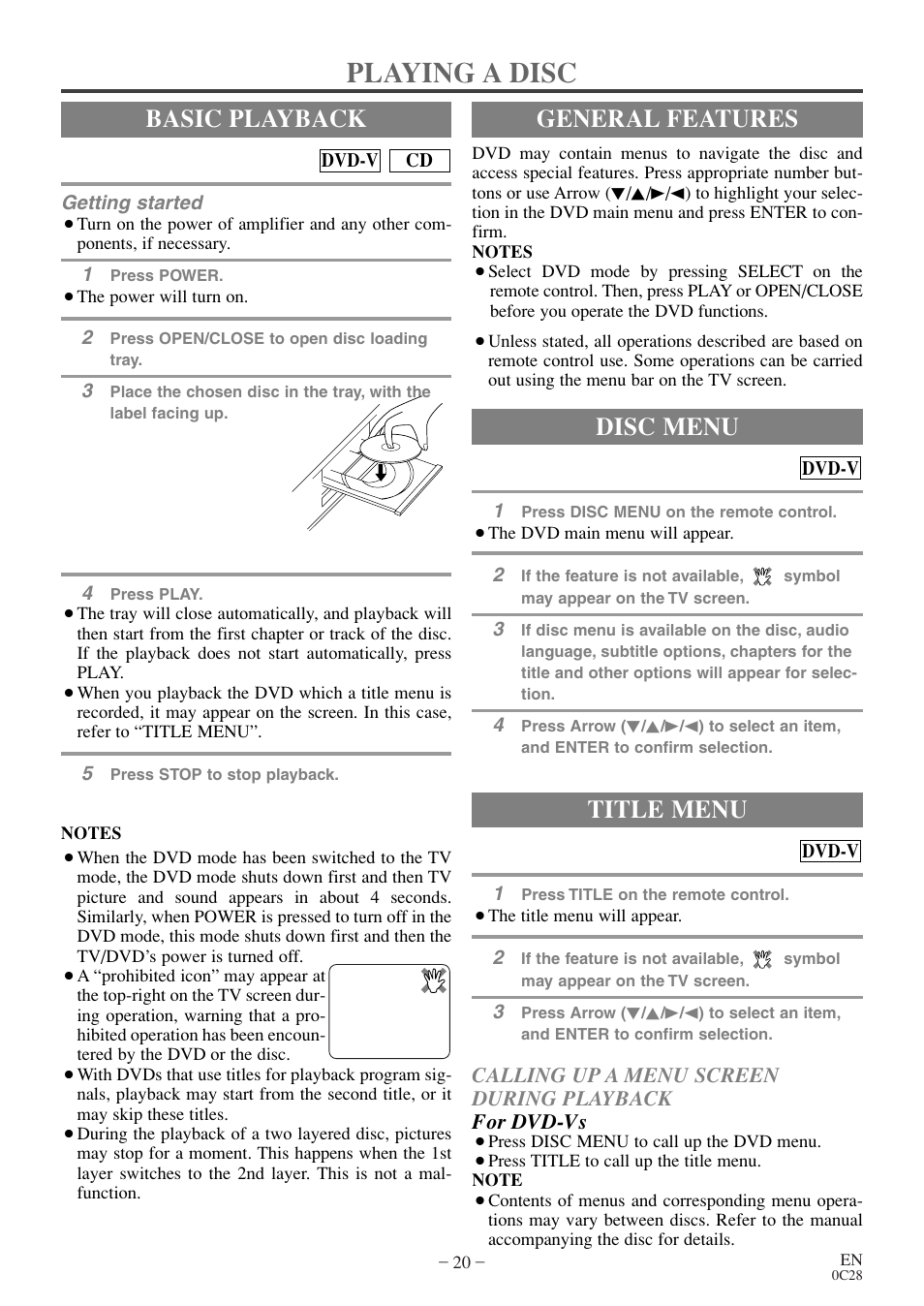 Playing a disc, Basic playback, General features | Title menu, Disc menu | Emerson EWC20D4 User Manual | Page 20 / 40