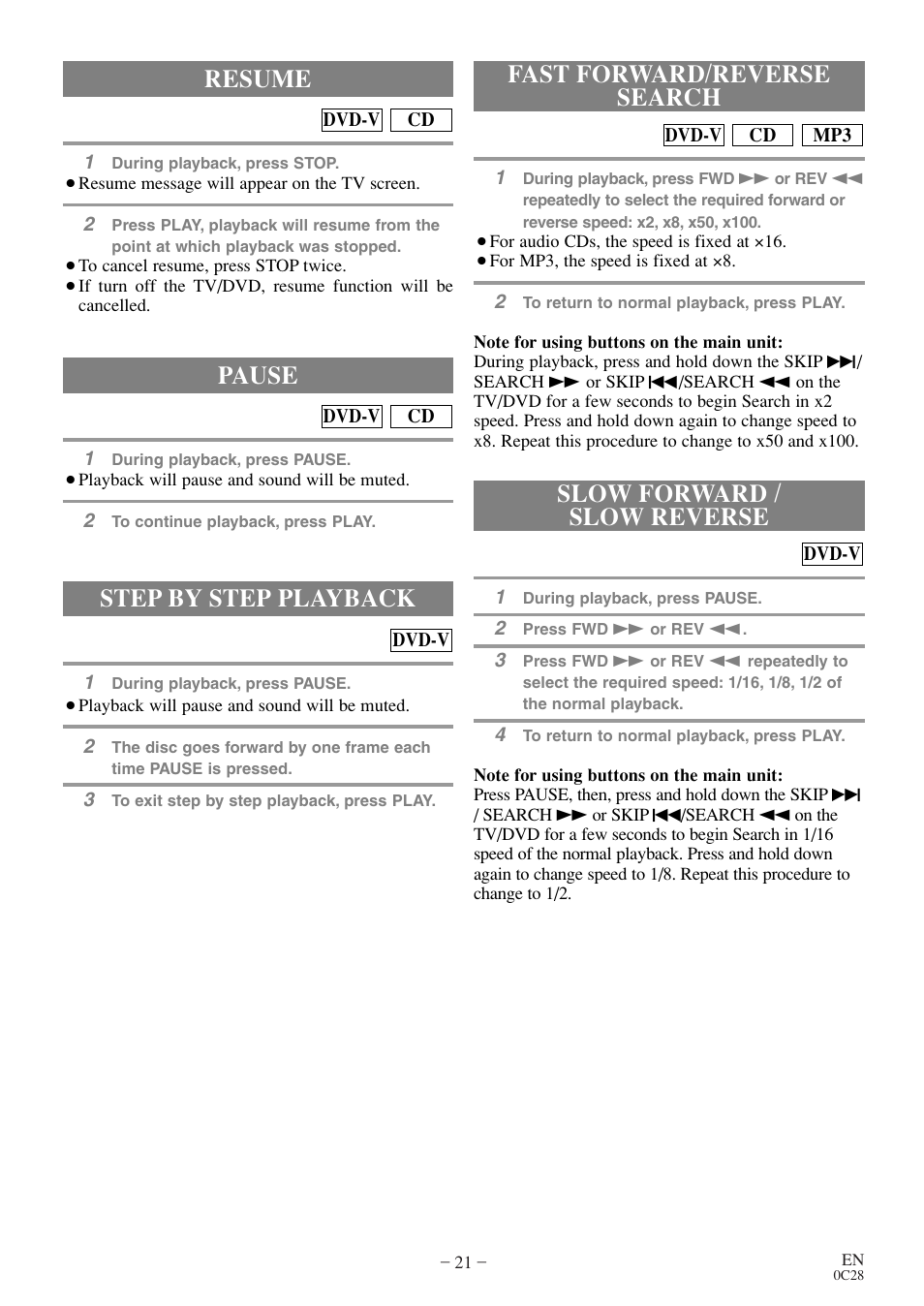 Step by step playback, Resume, Pause | Emerson EWC20D4 User Manual | Page 21 / 40