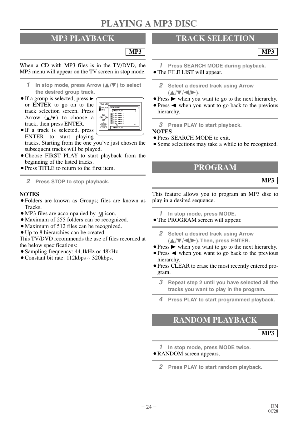 Playing a mp3 disc, Mp3 playback, Track selection | Random playback, Program | Emerson EWC20D4 User Manual | Page 24 / 40