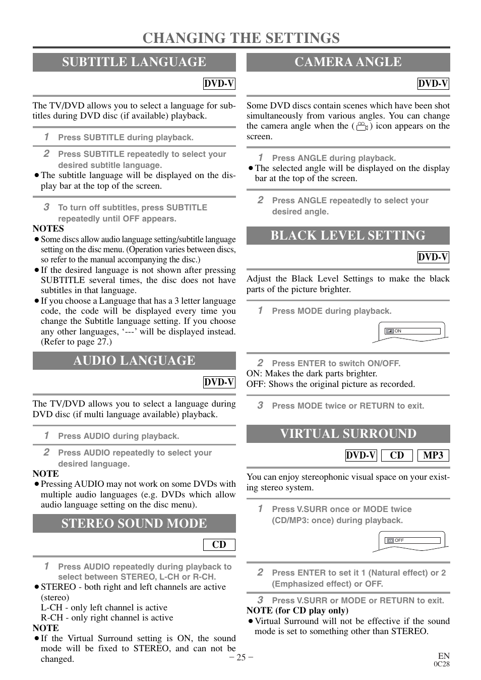 Changing the settings, Audio language, Stereo sound mode | Subtitle language camera angle, Black level setting, Virtual surround | Emerson EWC20D4 User Manual | Page 25 / 40