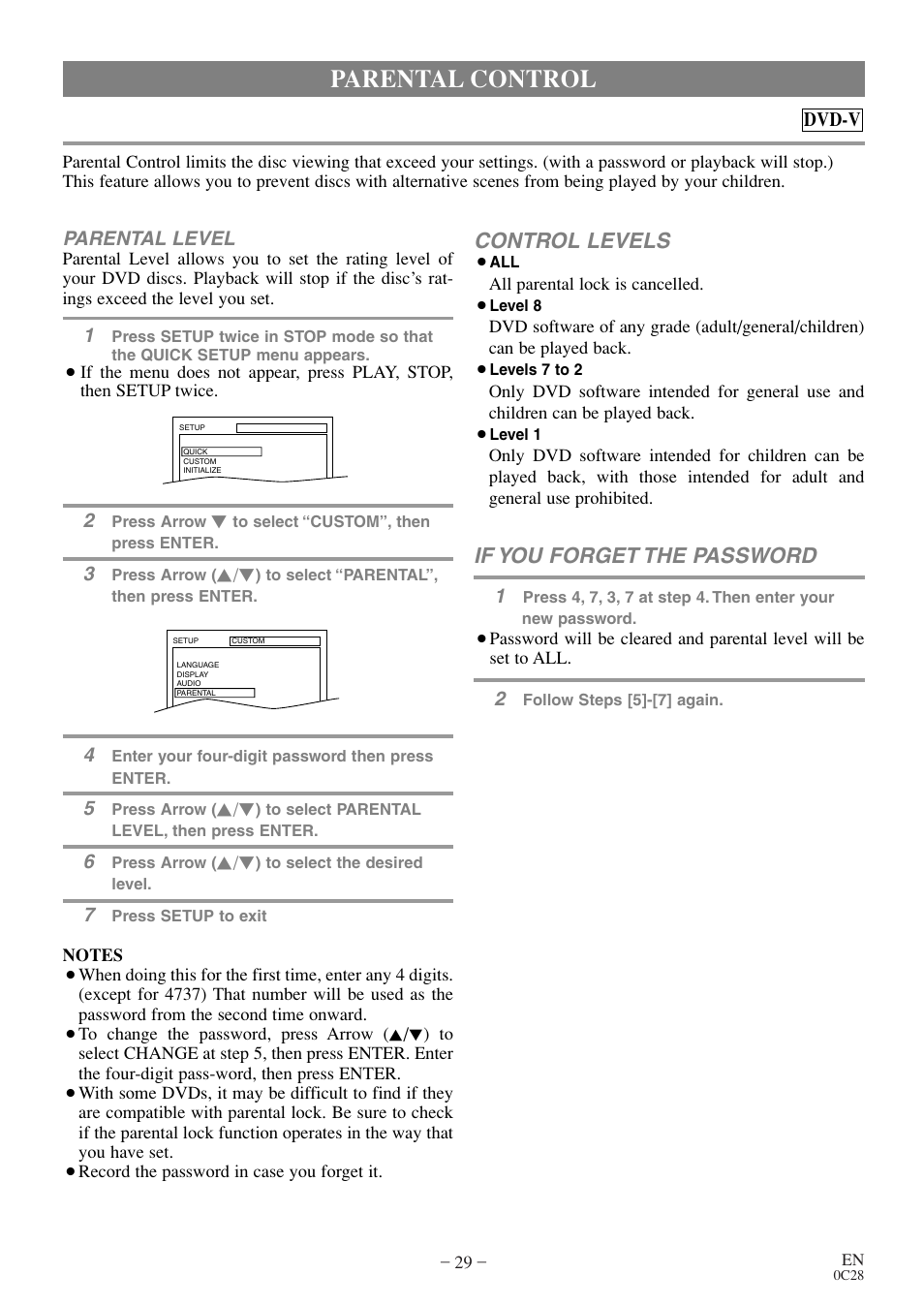 Parental control, Control levels, If you forget the password | Emerson EWC20D4 User Manual | Page 29 / 40