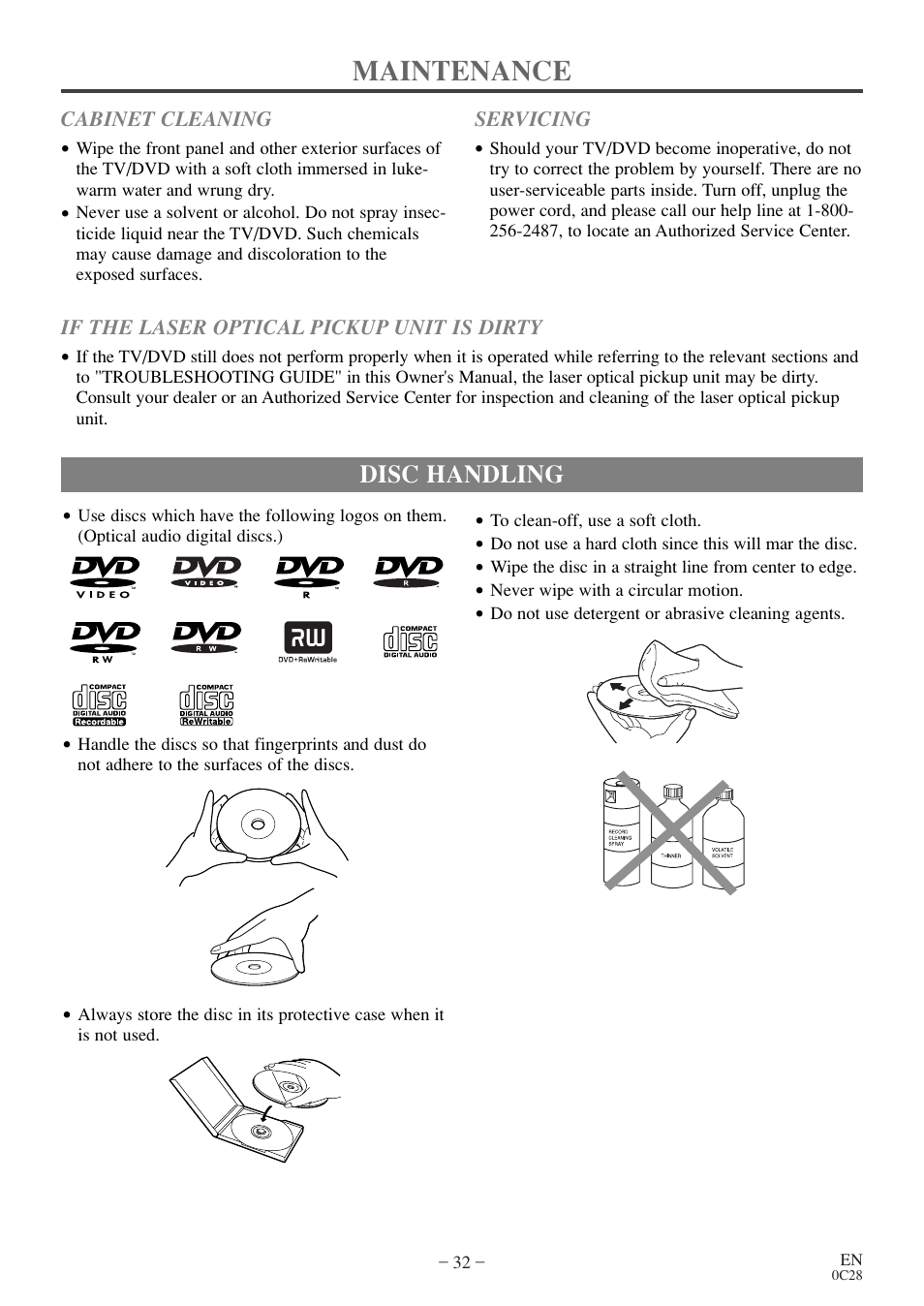Maintenance, Disc handling | Emerson EWC20D4 User Manual | Page 32 / 40