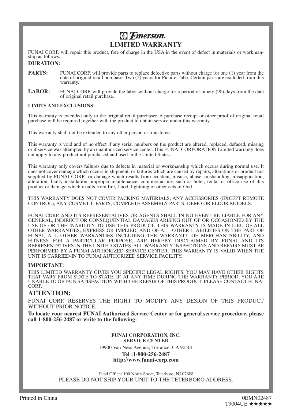 Limited warranty, Attention | Emerson EWC20D4 User Manual | Page 40 / 40